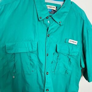 Magellan Outdoors Fish Gear Shirt Mens Large Teal Green Angler Fit Short Sleeve